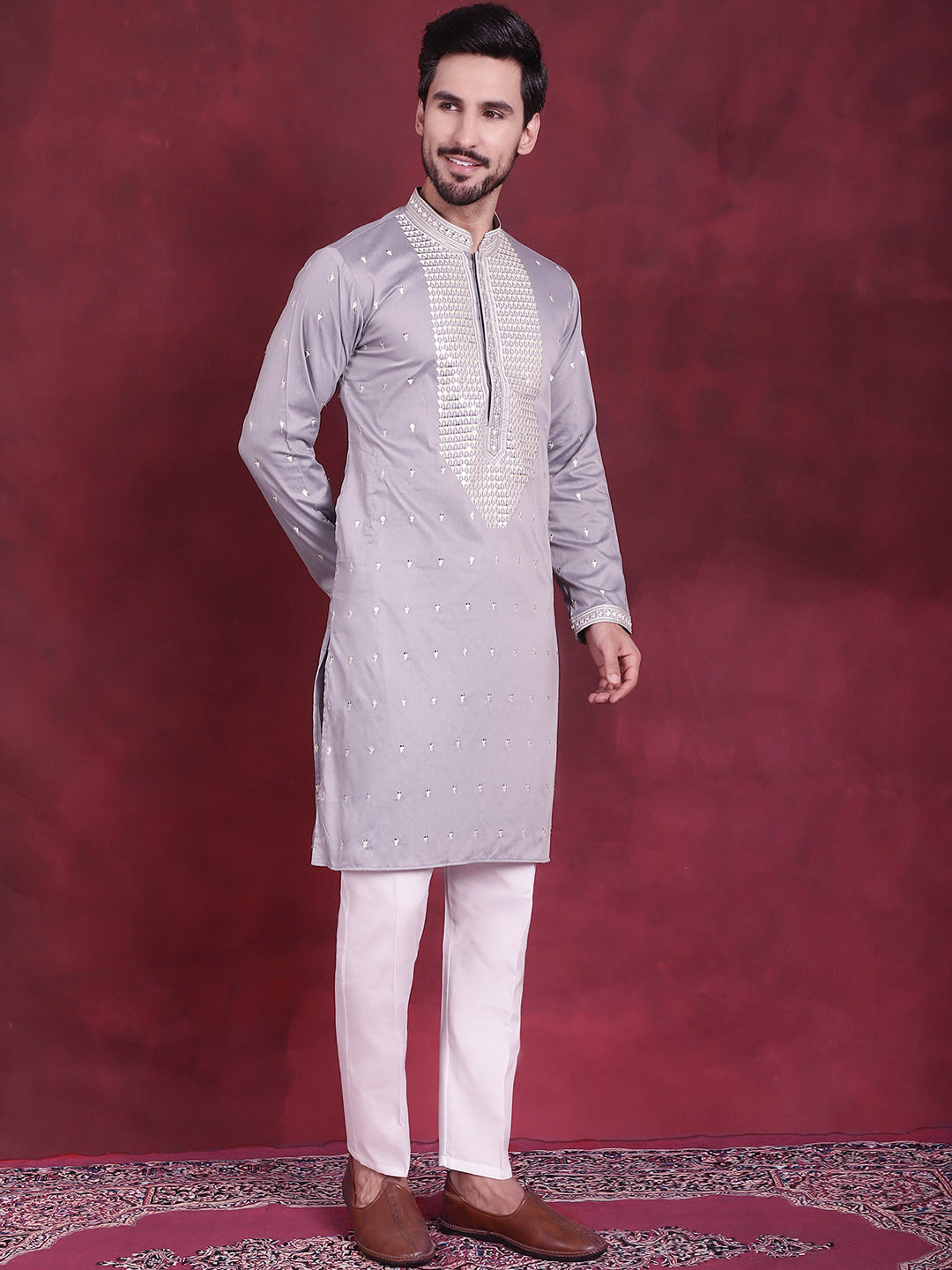 Jompers Men's Sequins Embroidered Kurta Pyjama Set - Grey