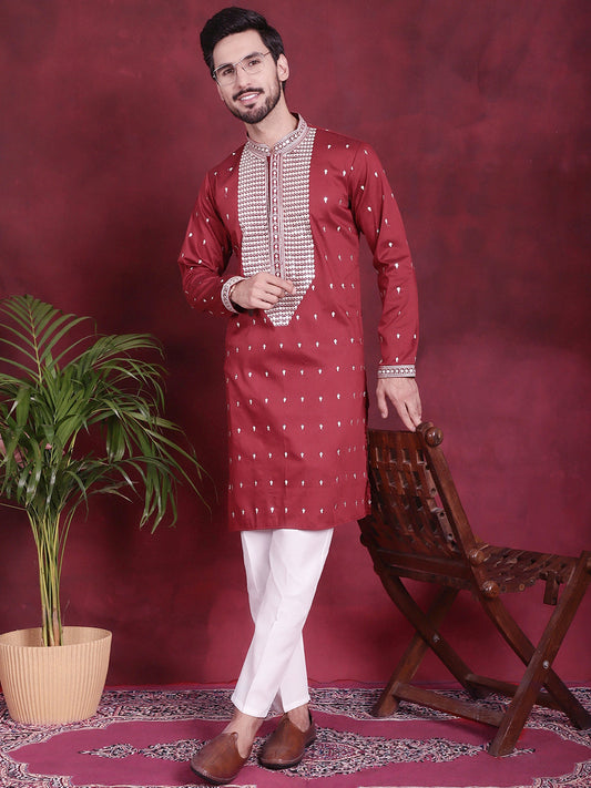 Jompers Men's Sequins Embroidered Kurta Pyjama Set - Maroon