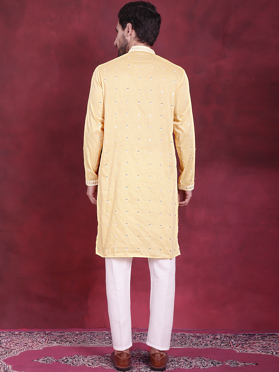 Jompers Men's Sequins Embroidered Kurta Pyjama Set - Yellow