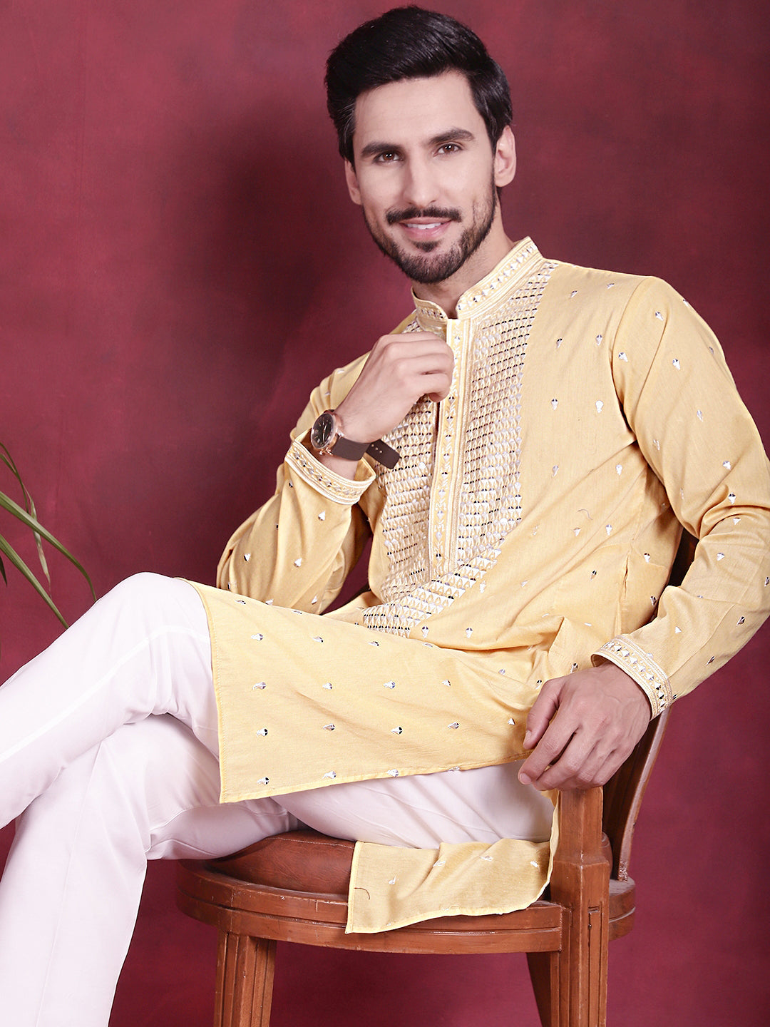 Jompers Men's Sequins Embroidered Kurta Pyjama Set - Yellow