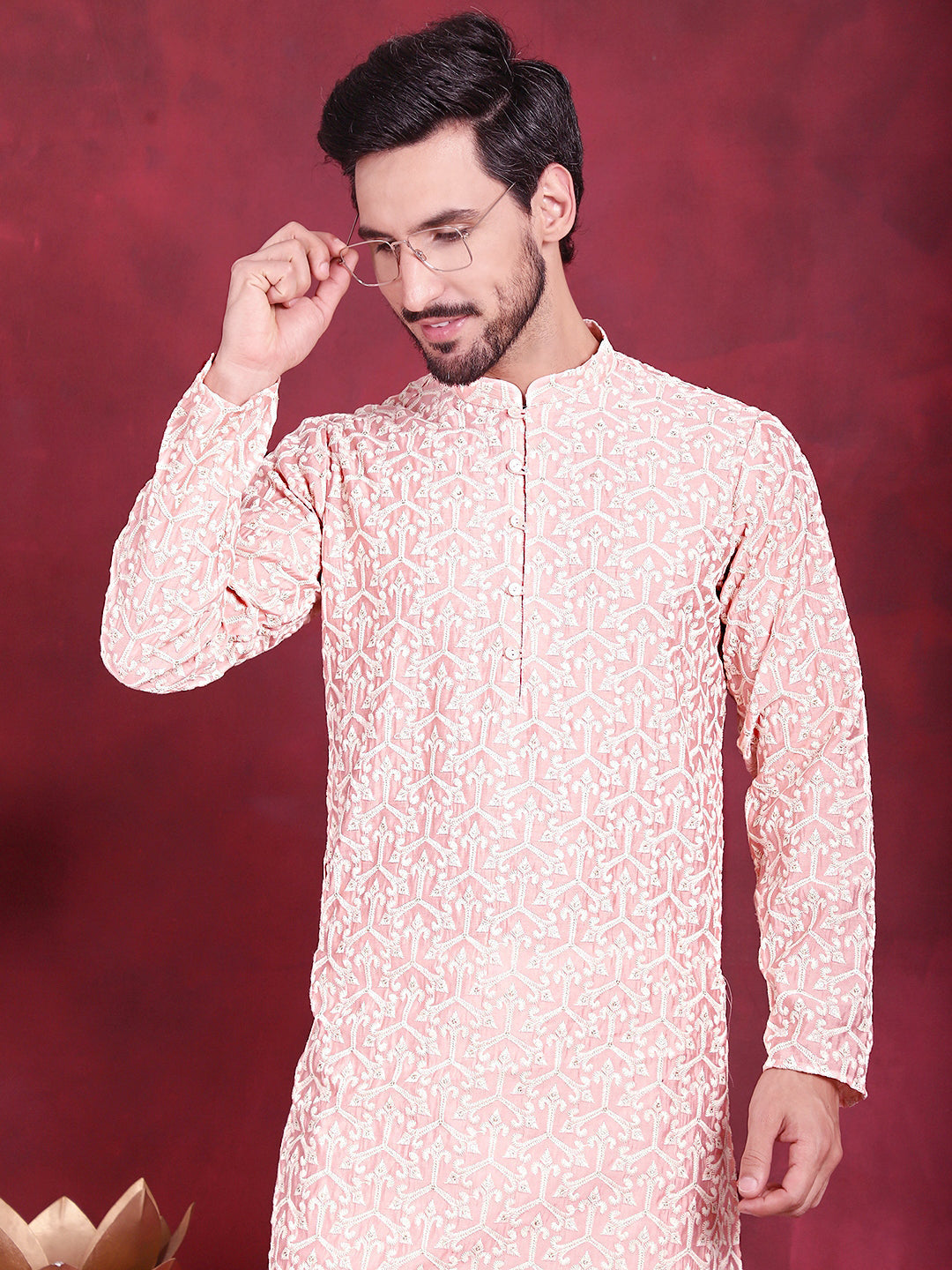 Jompers Men's Chikankari Embroidered Kurta Pyjama Set - Pink