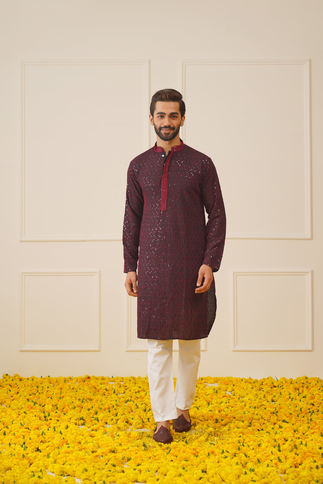 Jompers Men's Sequins Chikankari Embroidered Kurta with Pyjama - Maroon