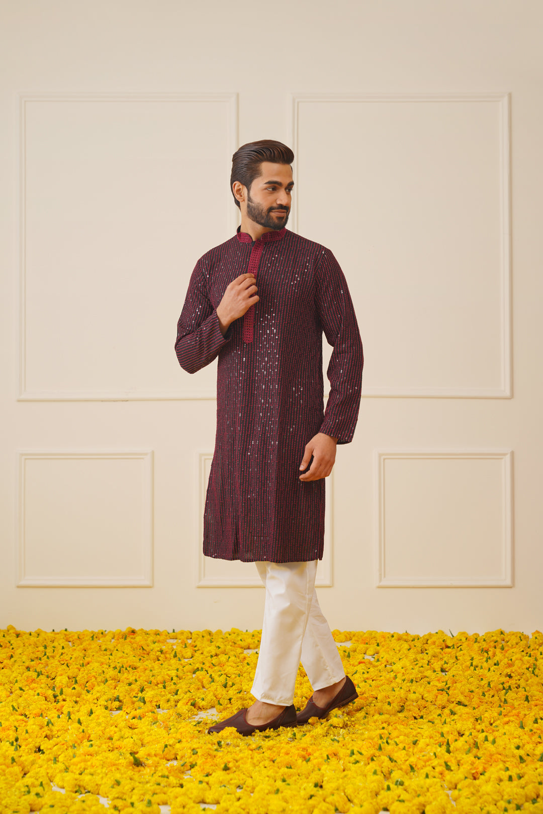 Jompers Men's Sequins Chikankari Embroidered Kurta with Pyjama - Maroon