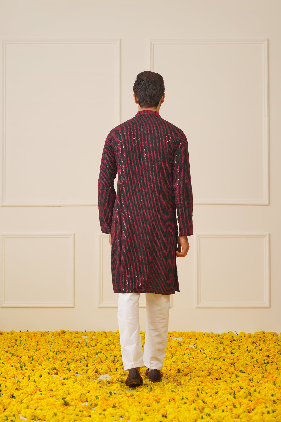 Jompers Men's Sequins Chikankari Embroidered Kurta with Pyjama - Maroon