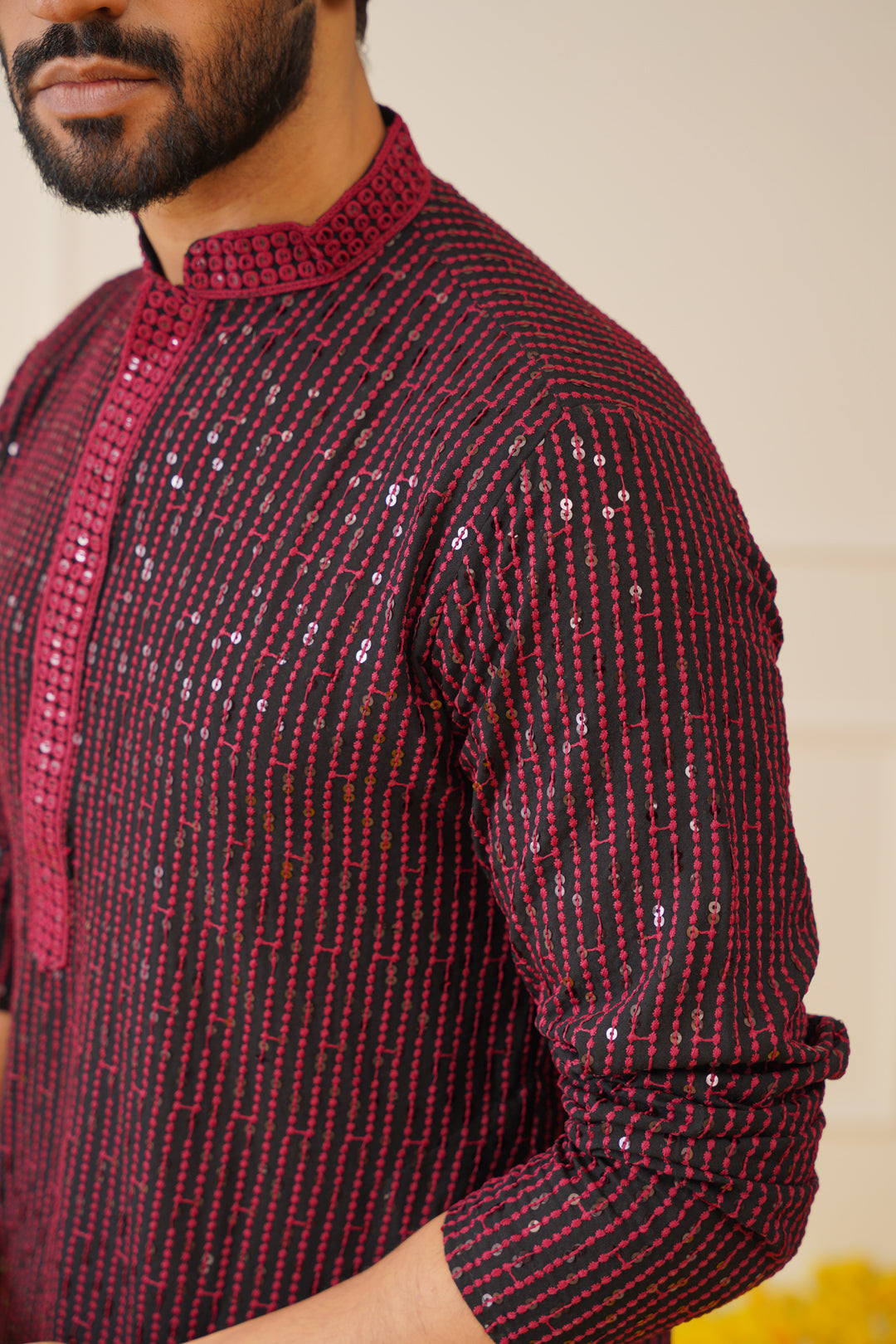 Jompers Men's Sequins Chikankari Embroidered Kurta with Pyjama - Maroon
