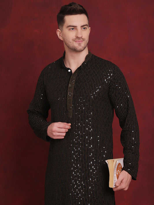 Jompers Men's Sequins Chikankari Embroidered Kurta with Pyjama - Olive