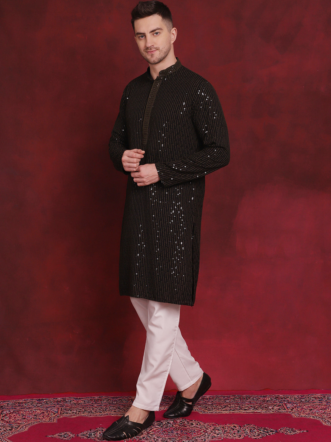 Jompers Men's Sequins Chikankari Embroidered Kurta with Pyjama - Olive