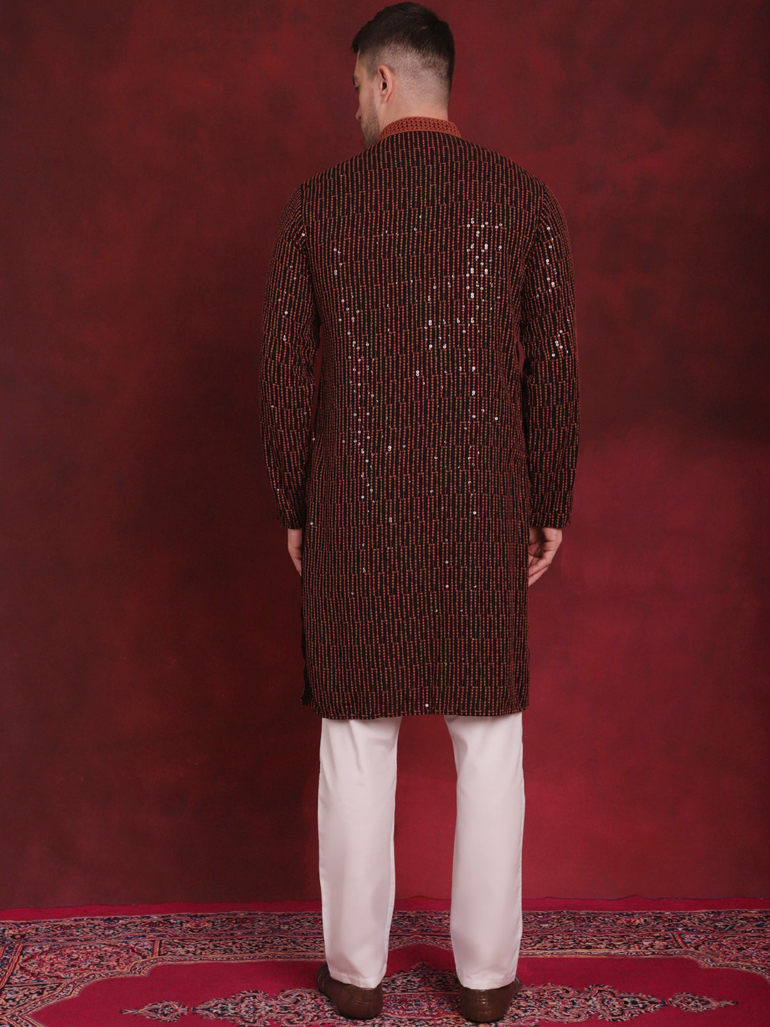 Jompers Men's Sequins Chikankari Embroidered Kurta with Pyjama - Orange