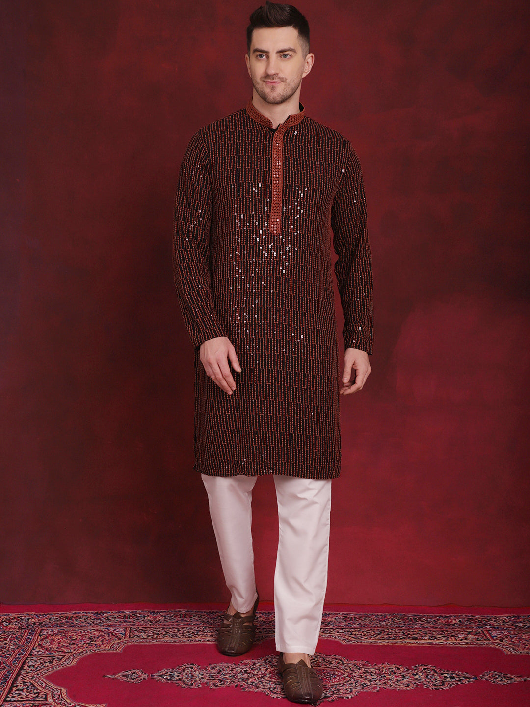 Jompers Men's Sequins Chikankari Embroidered Kurta with Pyjama - Orange