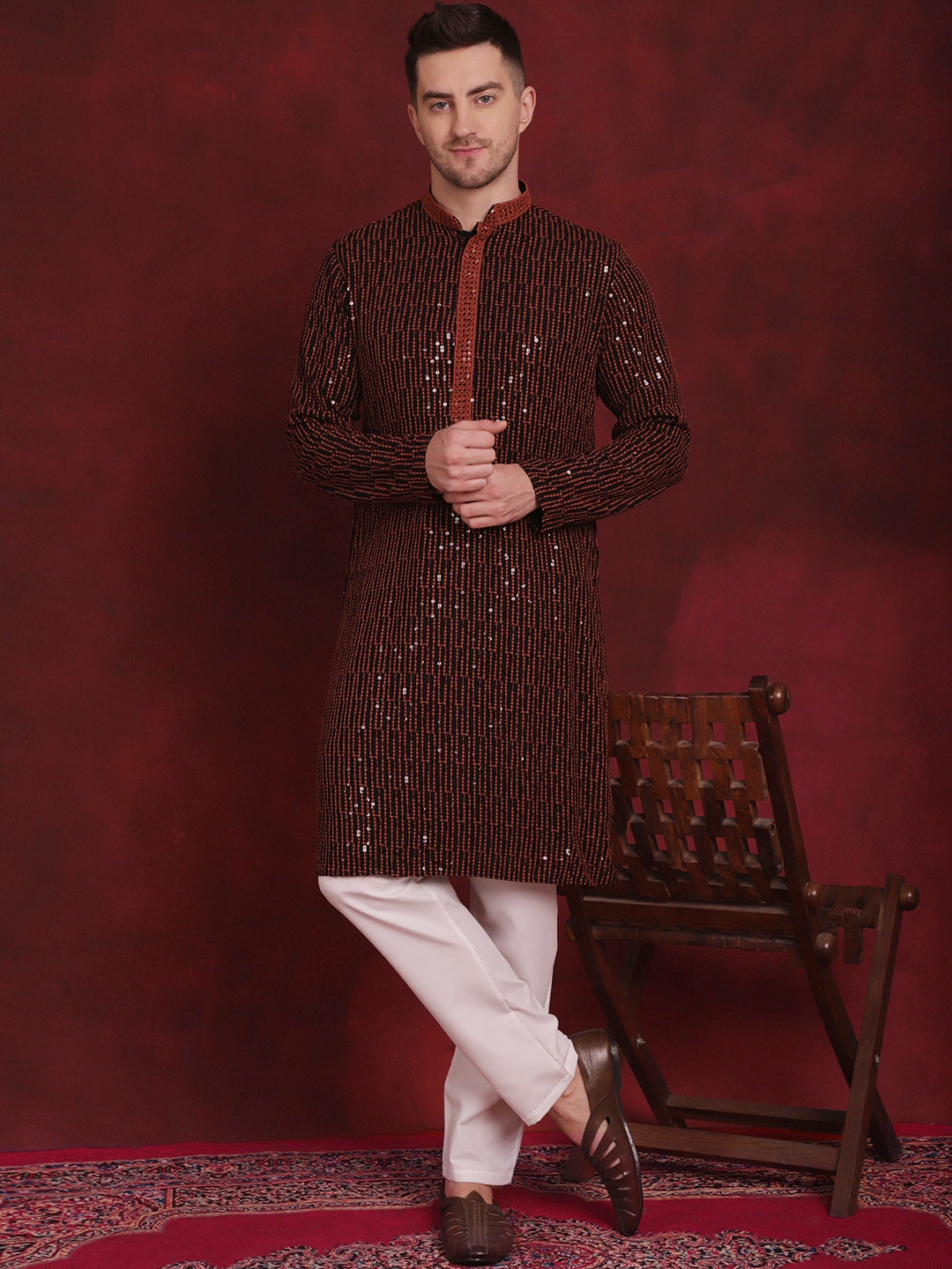 Jompers Men's Sequins Chikankari Embroidered Kurta with Pyjama - Orange