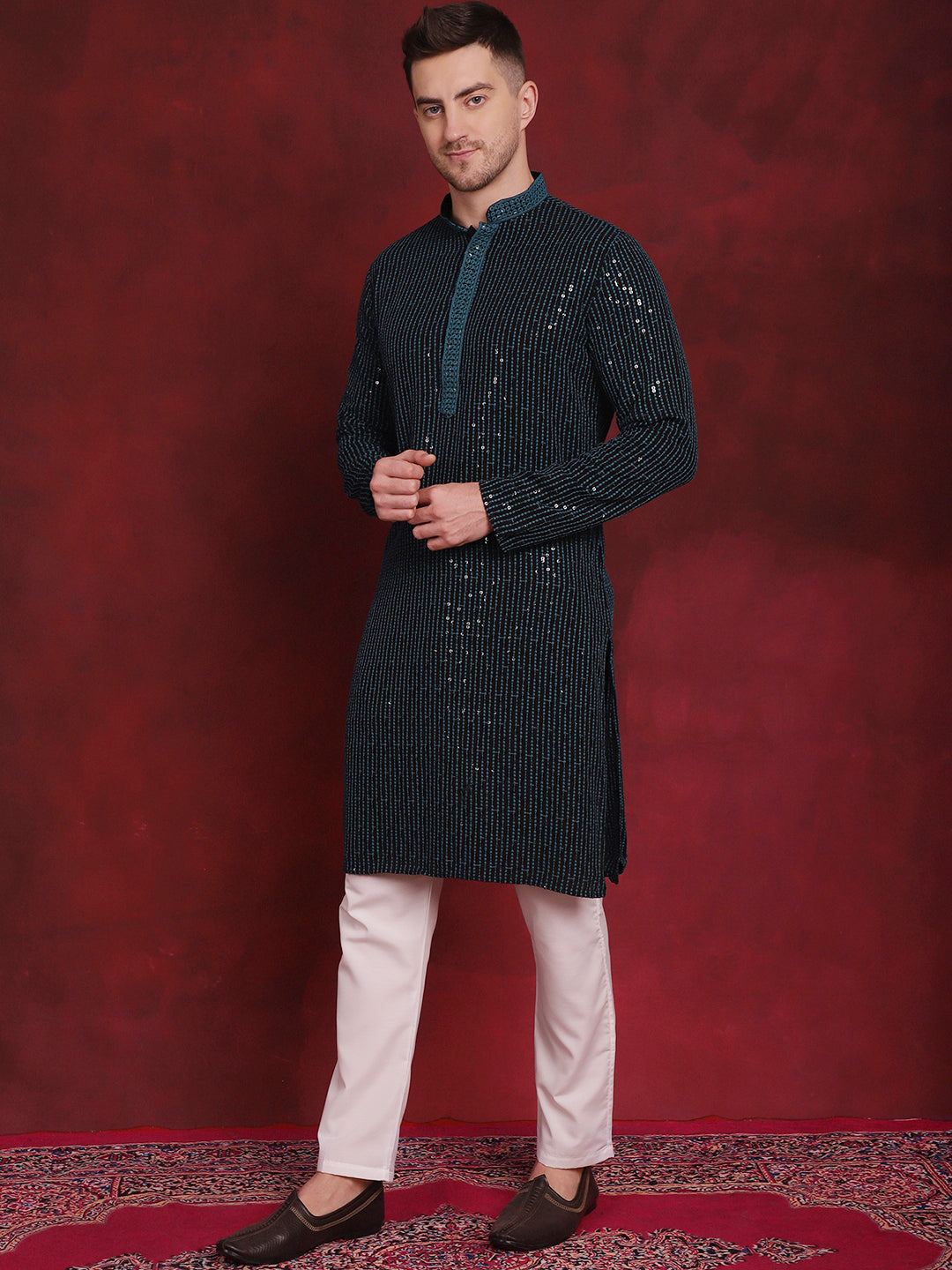 Jompers Men's Sequins Chikankari Embroidered Kurta with Pyjama - Peacock