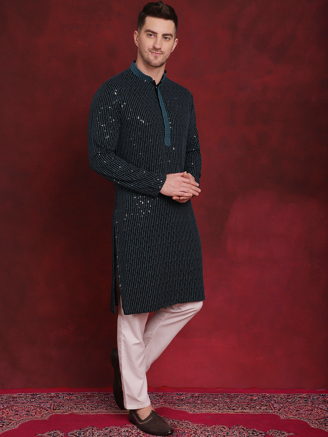 Jompers Men's Sequins Chikankari Embroidered Kurta with Pyjama - Peacock
