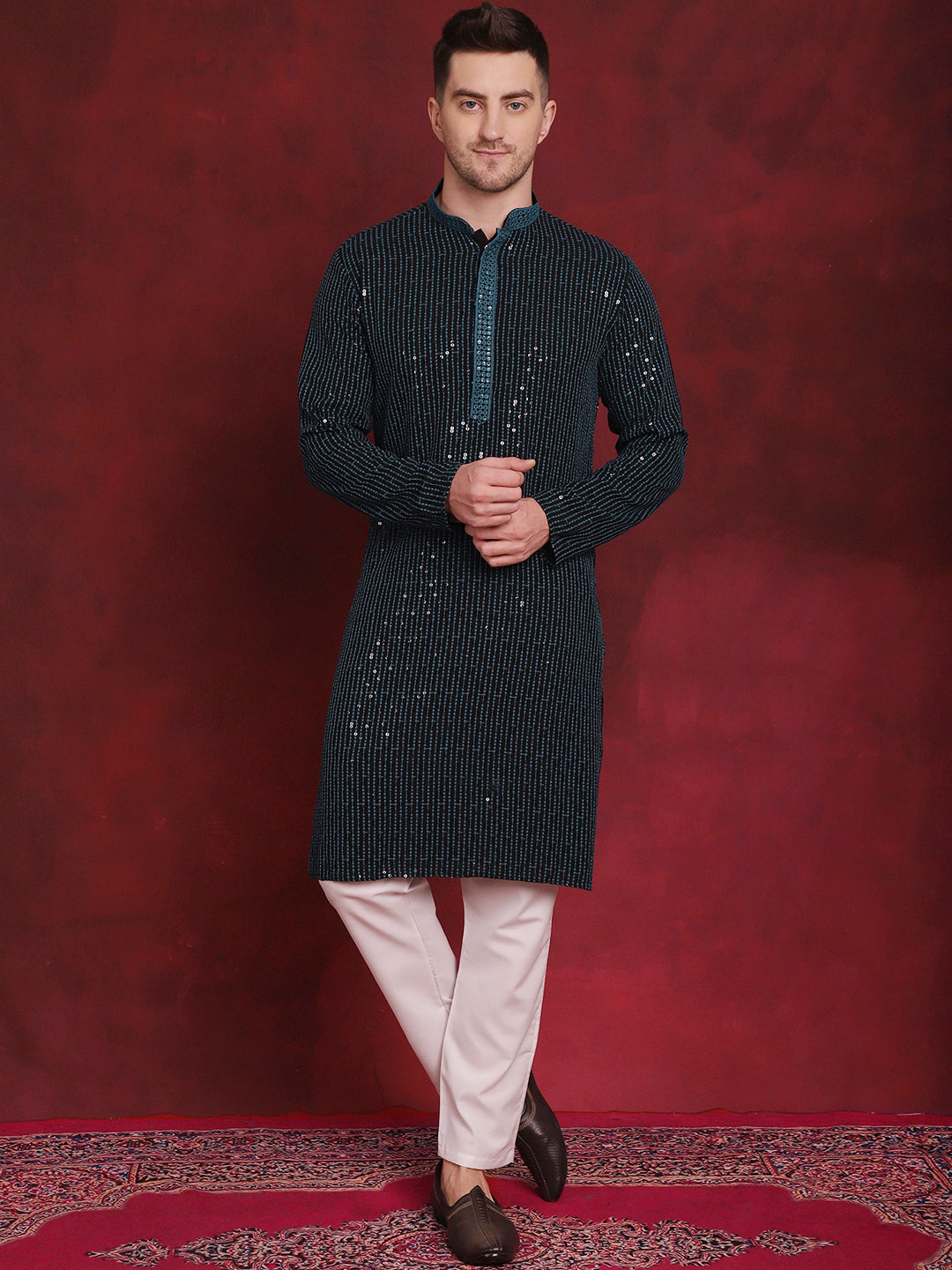 Jompers Men's Sequins Chikankari Embroidered Kurta with Pyjama - Peacock