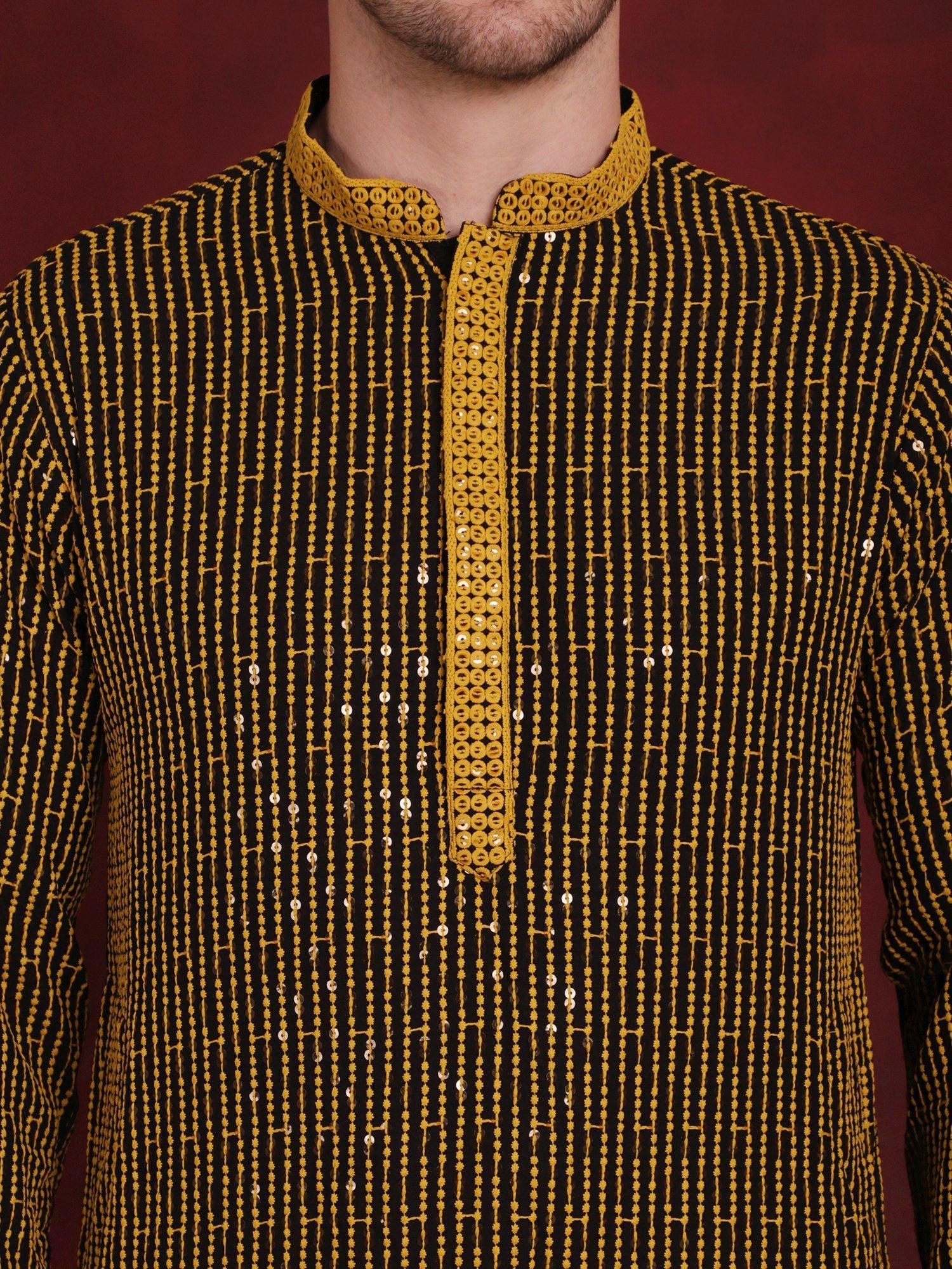 Jompers Men's Sequins Chikankari Embroidered Kurta with Pyjama - Yellow