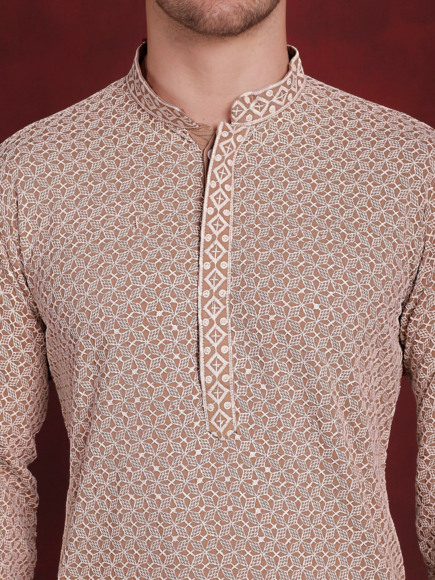 Jompers Men's Sequin Embroidered Pure Cotton Kurta with Pyjamas - Beige