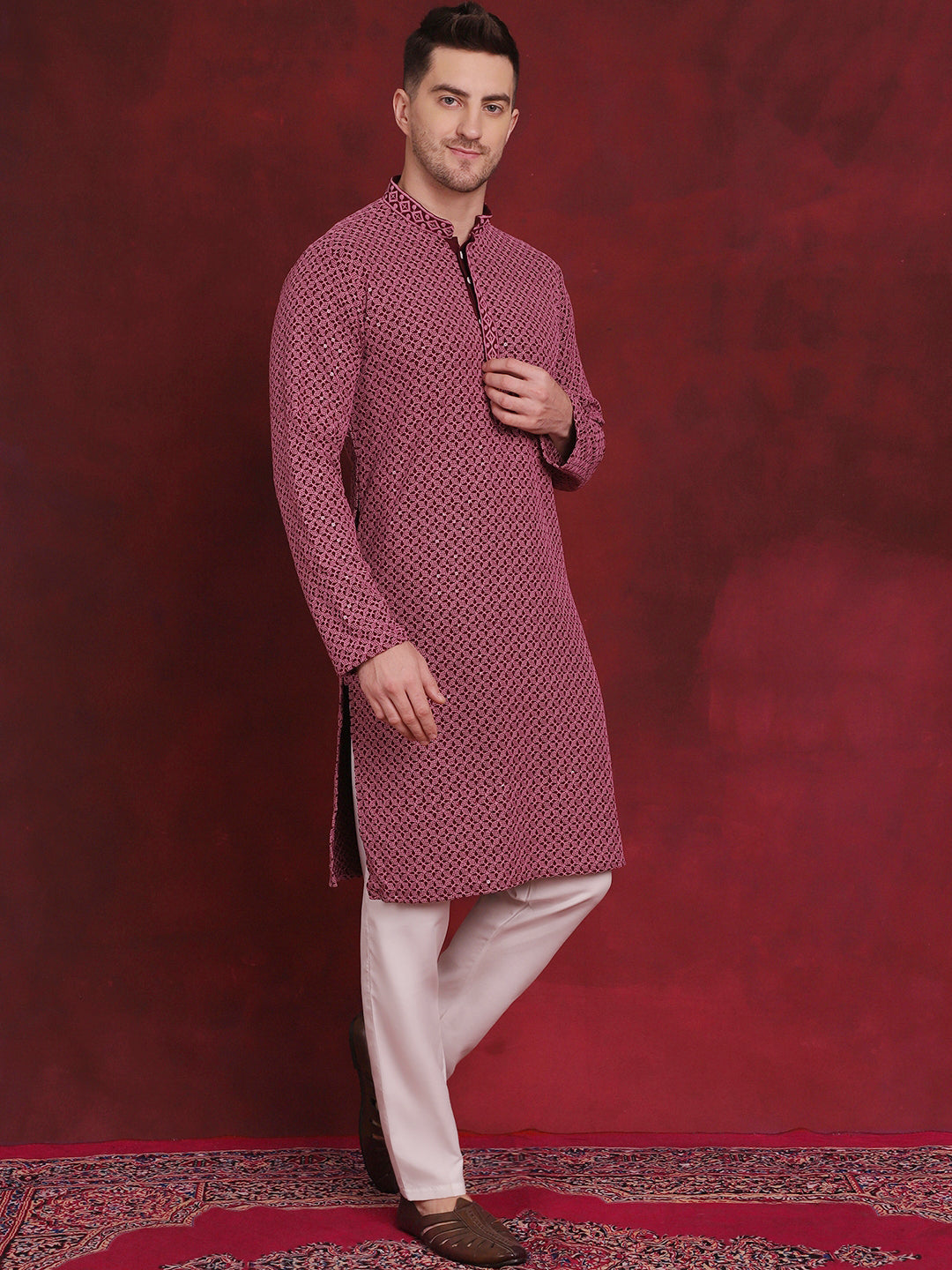 Jompers Men's Sequin Embroidered Pure Cotton Kurta with Pyjamas - Magenta