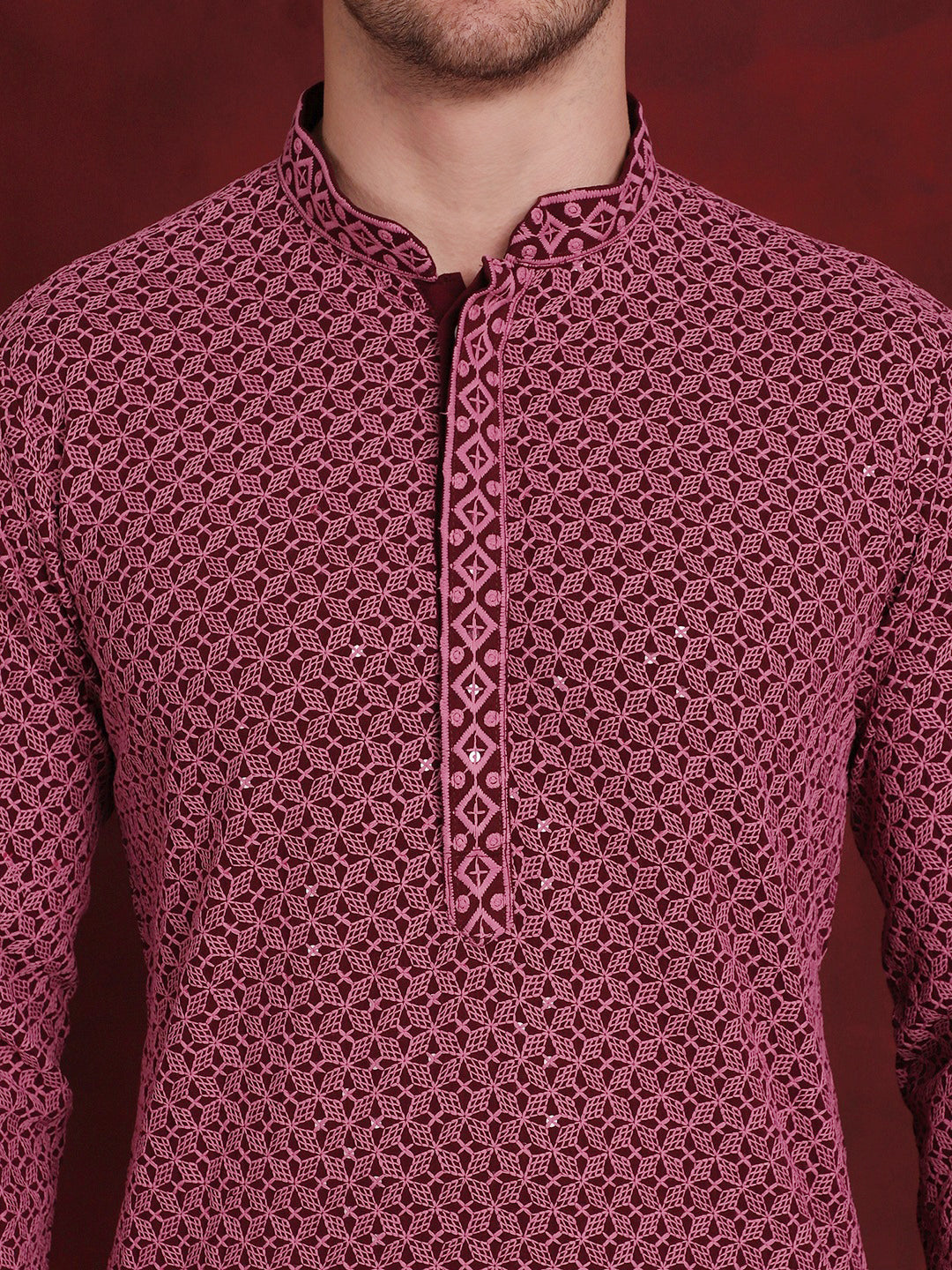 Jompers Men's Sequin Embroidered Pure Cotton Kurta with Pyjamas - Magenta