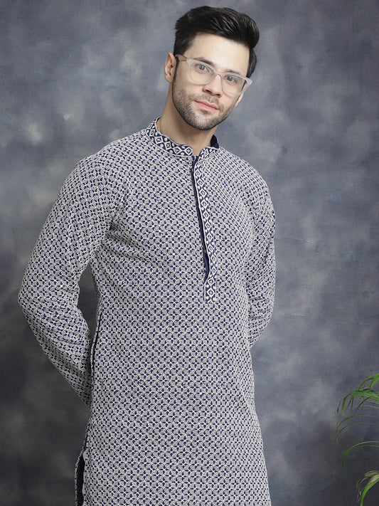 Jompers Men's Sequin Embroidered Pure Cotton Kurta with Pyjamas - Navy Blue