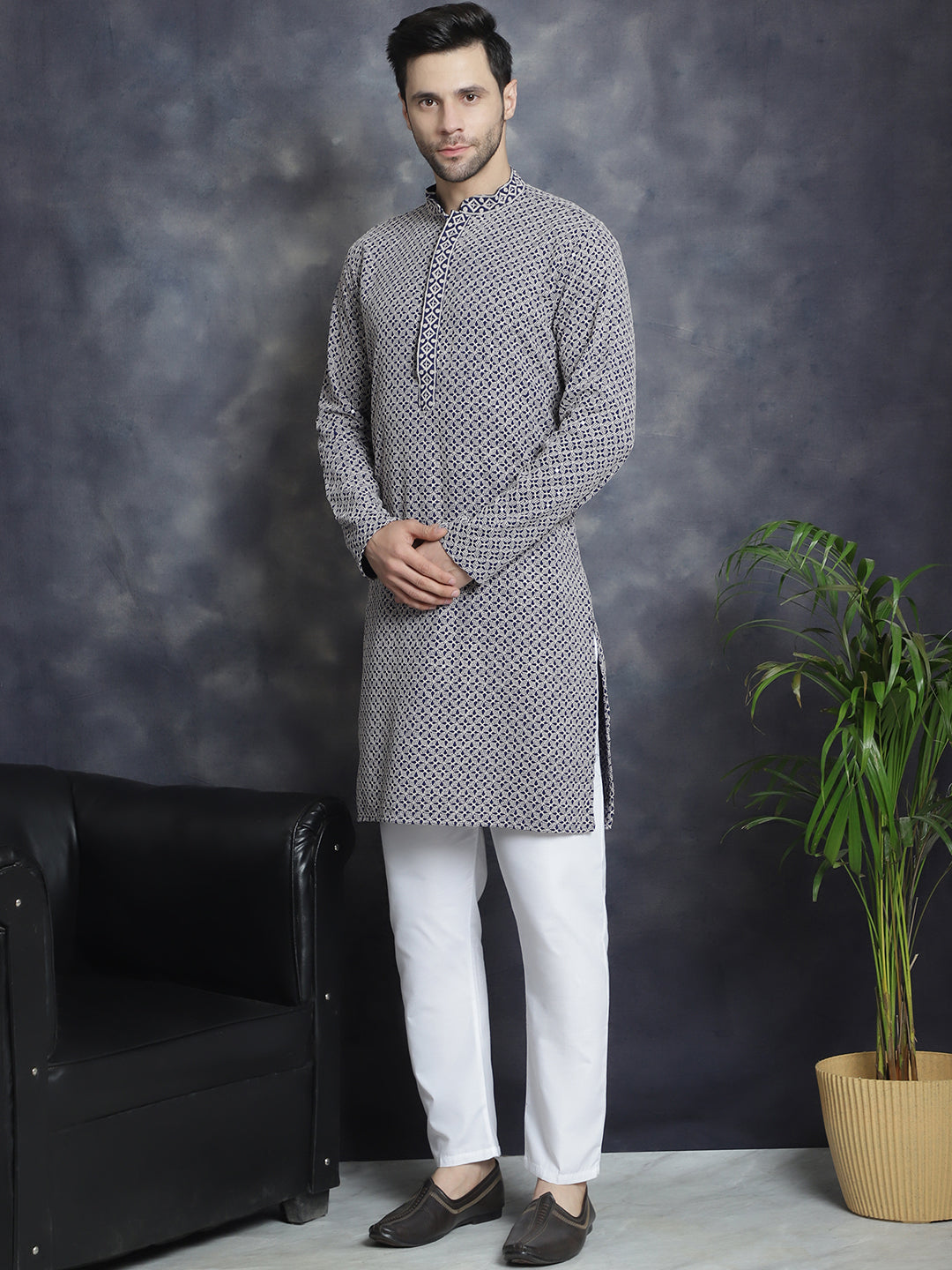 Jompers Men's Sequin Embroidered Pure Cotton Kurta with Pyjamas - Navy Blue