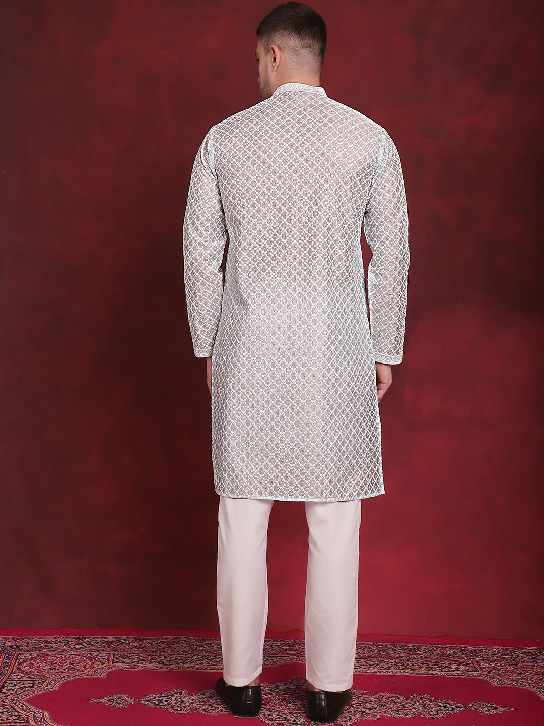 Jompers Men's Sequin Chikankari Front Open Kurta With Pyjamas - Sky Blue