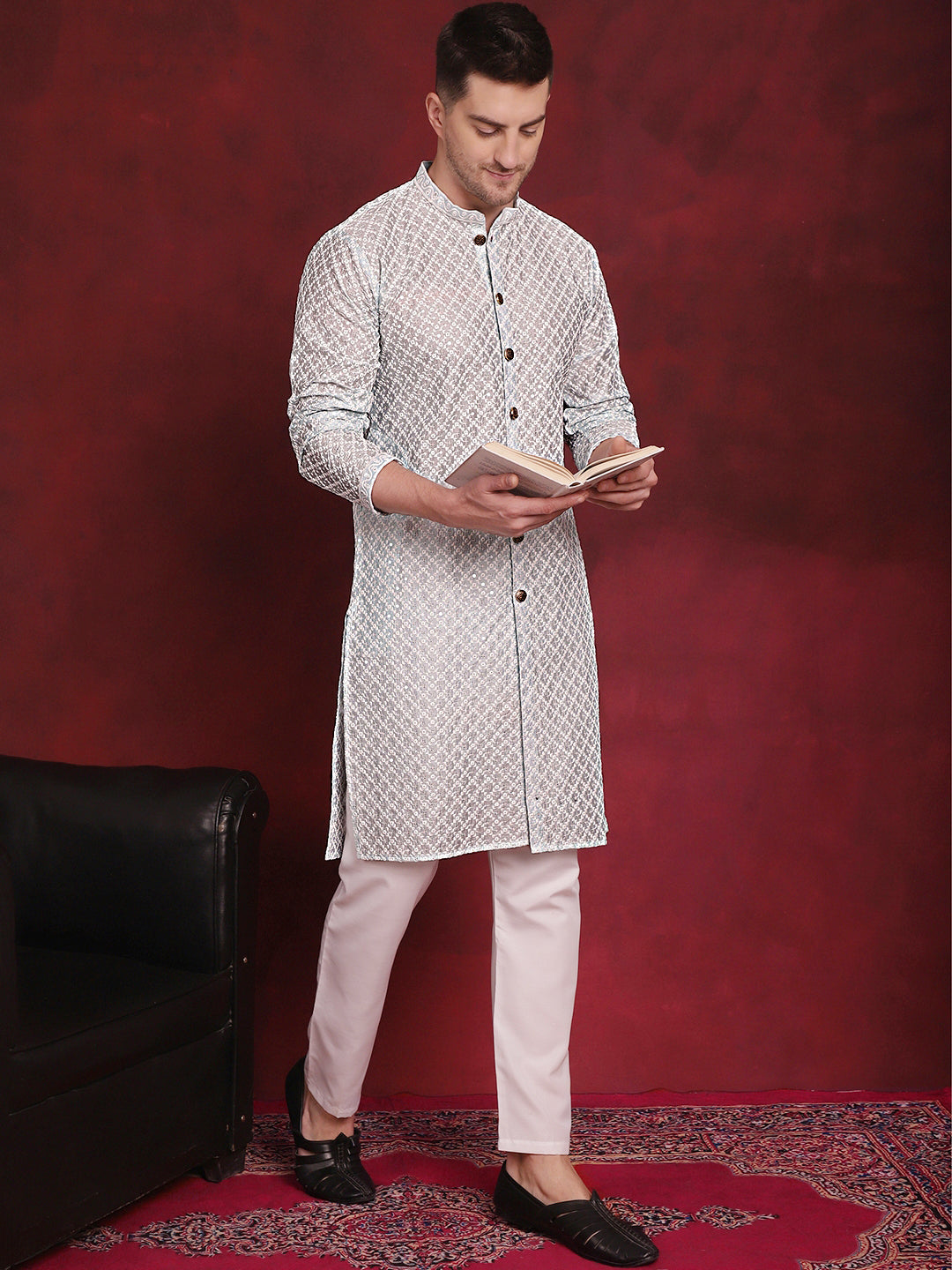Jompers Men's Sequin Chikankari Front Open Kurta With Pyjamas - Sky Blue