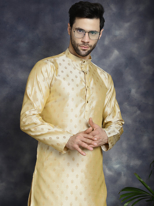 Jompers Men's Woven Design Silk Blend Kurta with Pyjama - Golden
