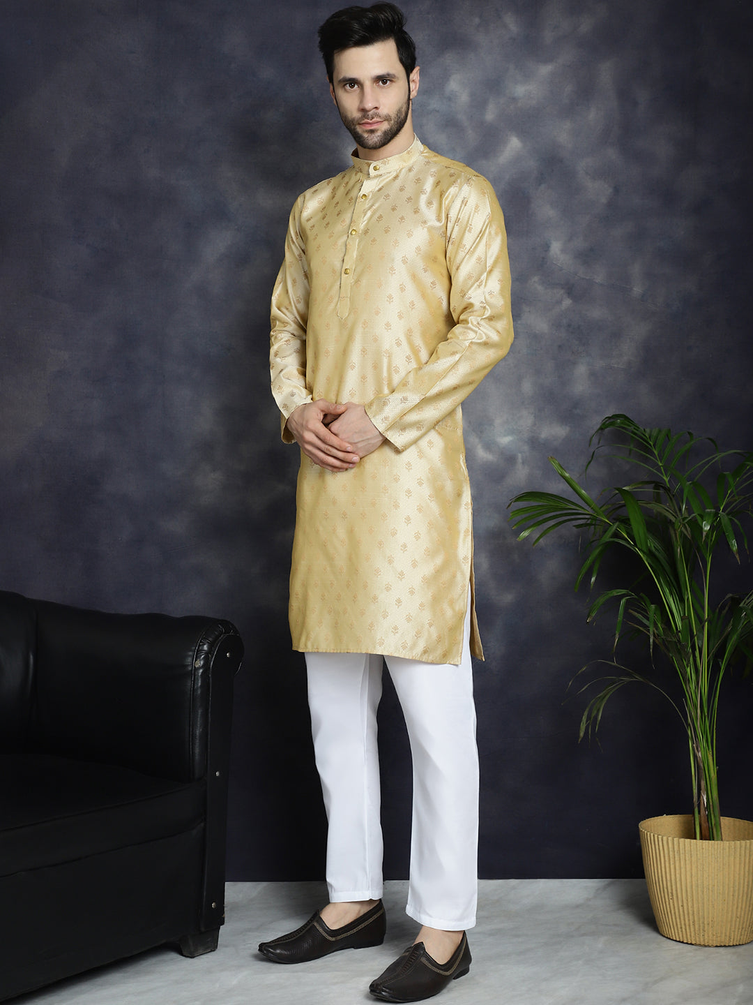 Jompers Men's Woven Design Silk Blend Kurta with Pyjama - Golden