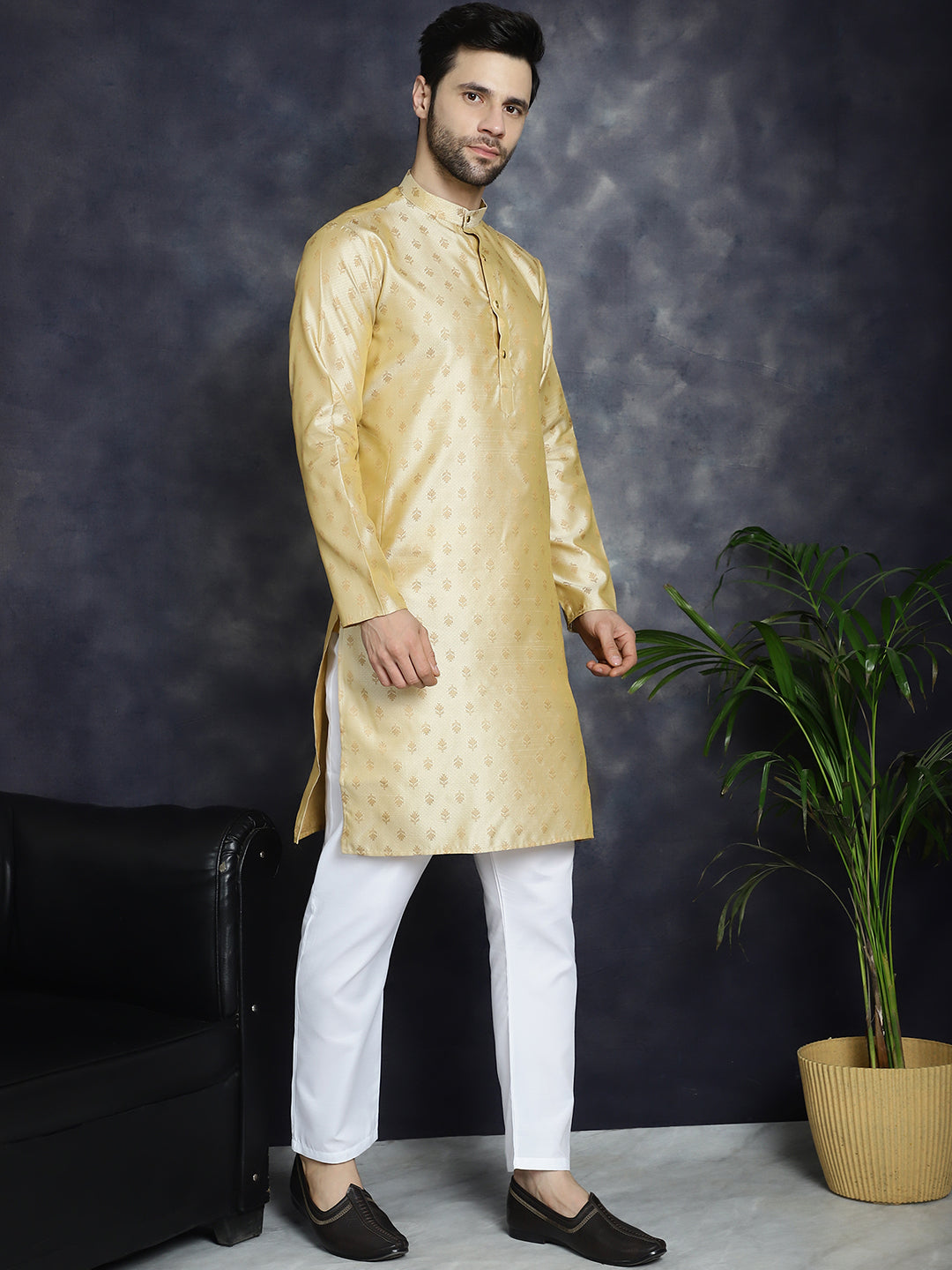 Jompers Men's Woven Design Silk Blend Kurta with Pyjama - Golden