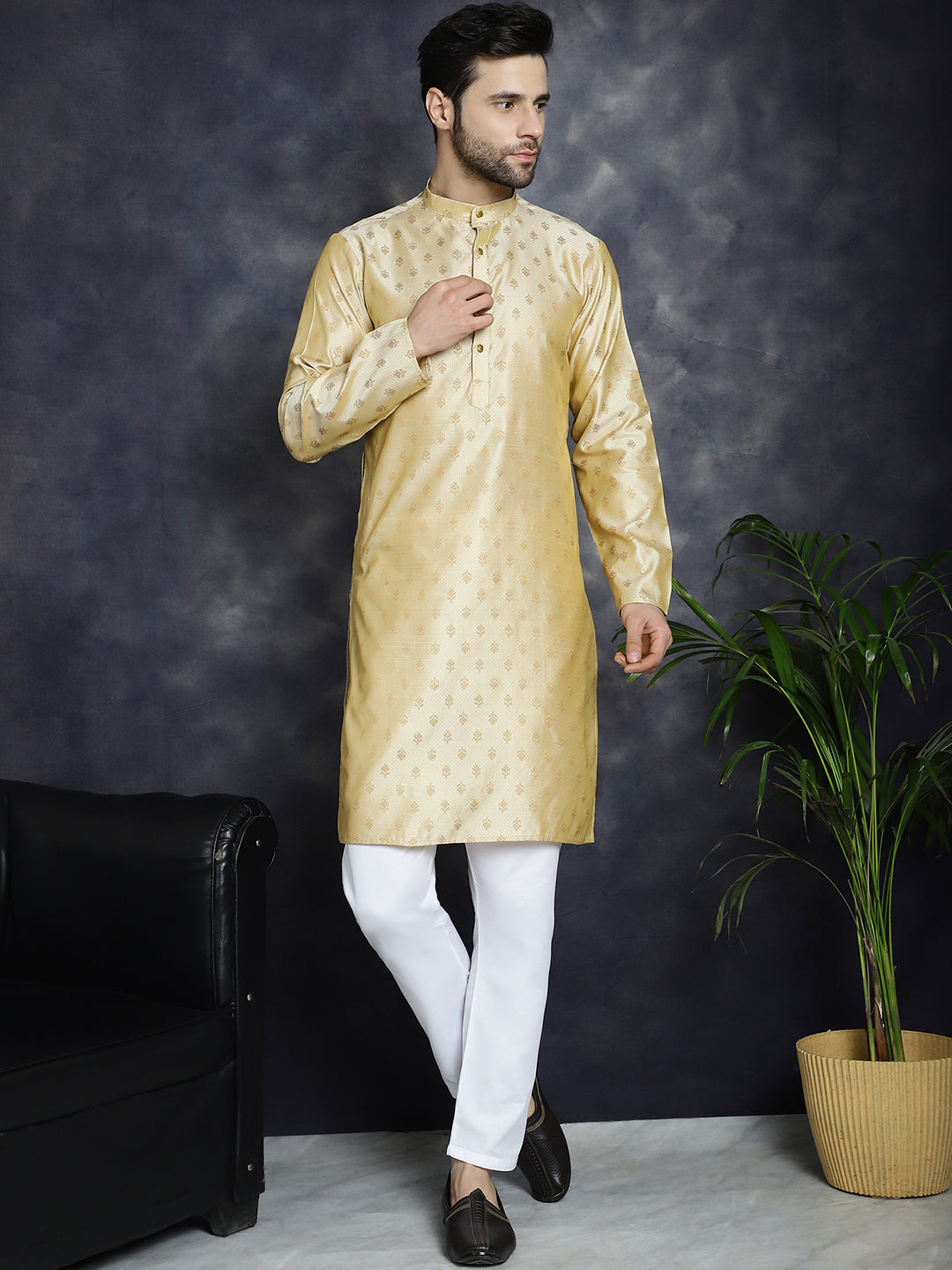 Jompers Men's Woven Design Silk Blend Kurta with Pyjama - Golden