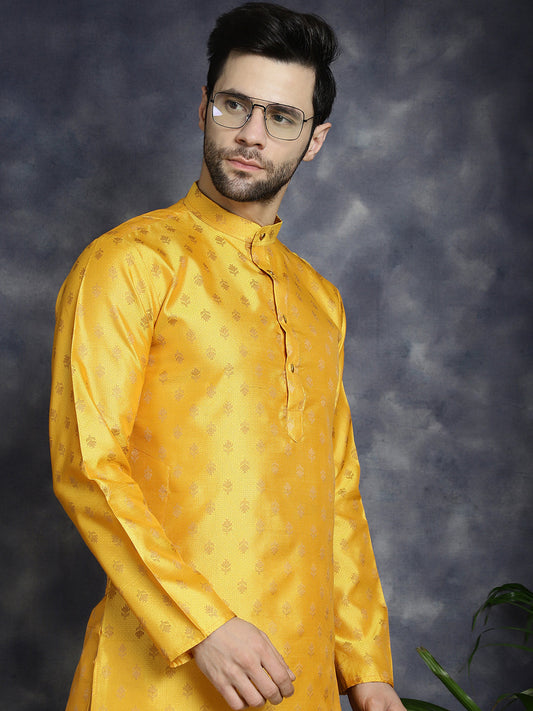 Jompers Men's Woven Design Silk Blend Kurta with Pyjama - Mustard