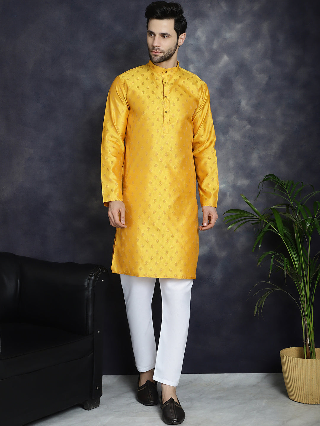Jompers Men's Woven Design Silk Blend Kurta with Pyjama - Mustard