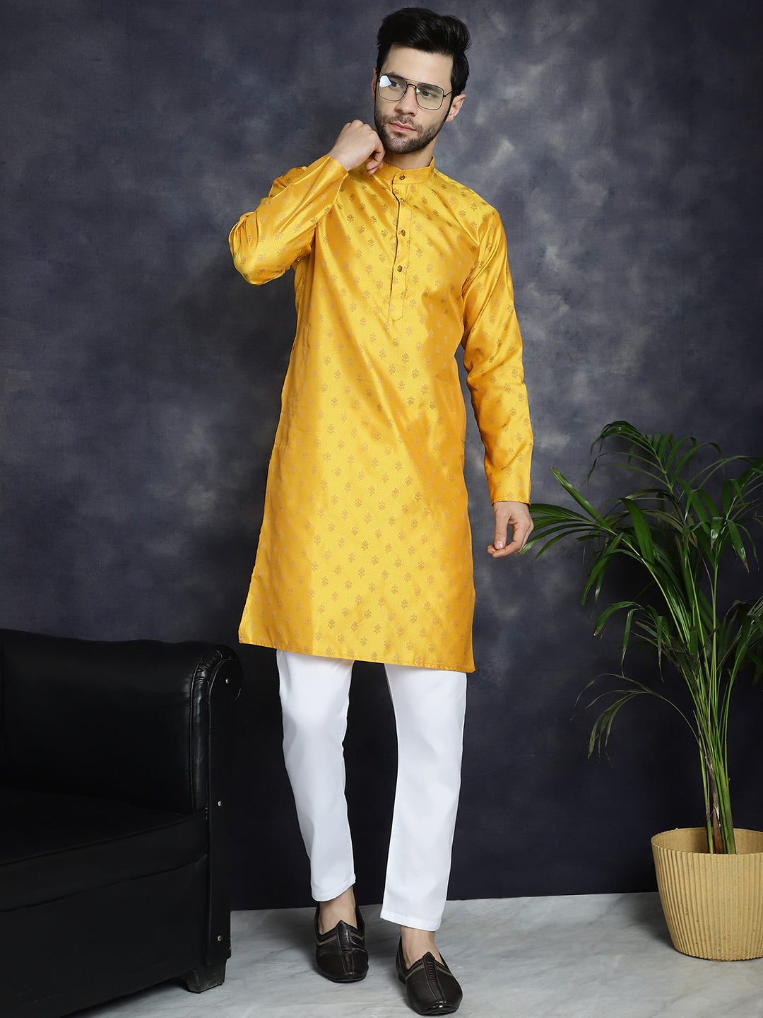 Jompers Men's Woven Design Silk Blend Kurta with Pyjama - Mustard