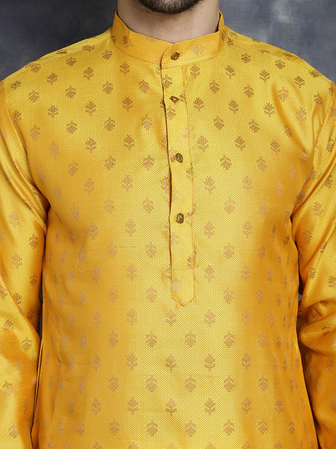 Jompers Men's Woven Design Silk Blend Kurta with Pyjama - Mustard