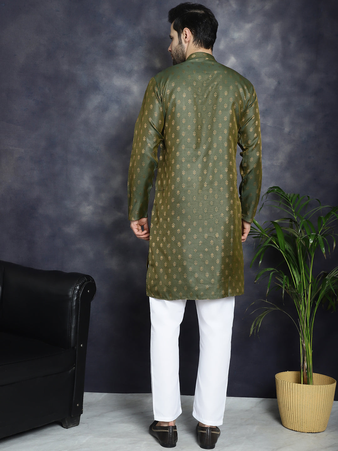 Jompers Men's Woven Design Silk Blend Kurta with Pyjama - Olive