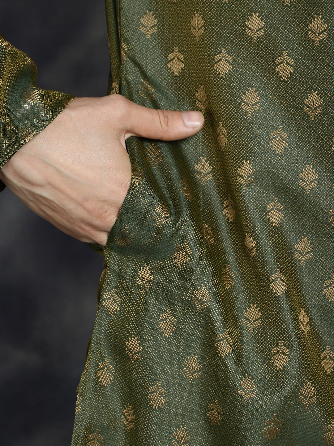 Jompers Men's Woven Design Silk Blend Kurta with Pyjama - Olive