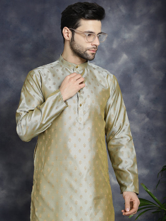 Jompers Men's Woven Design Silk Blend Kurta with Pyjama - Pista