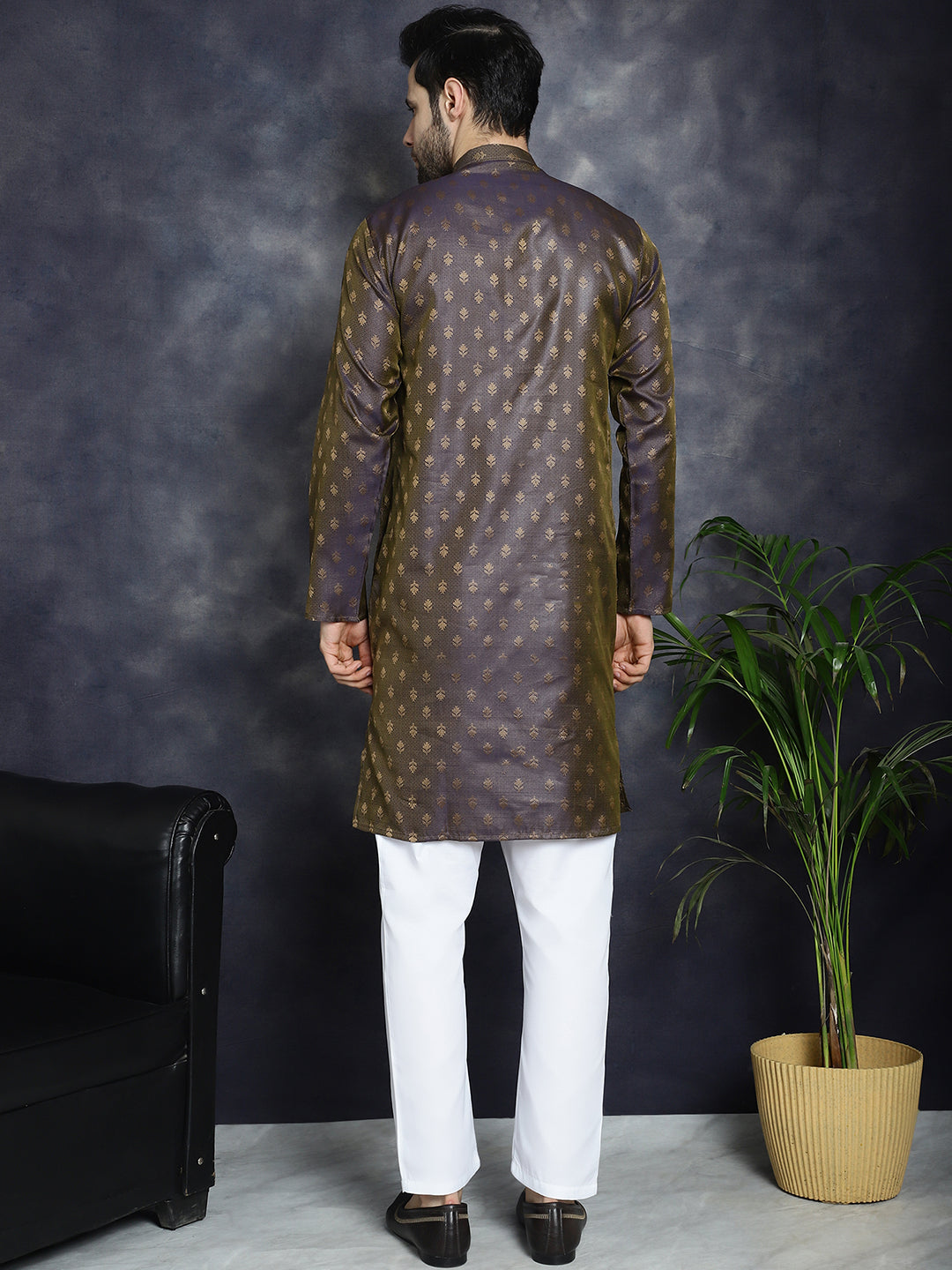 Jompers Men's Woven Design Silk Blend Kurta with Pyjama - Purple