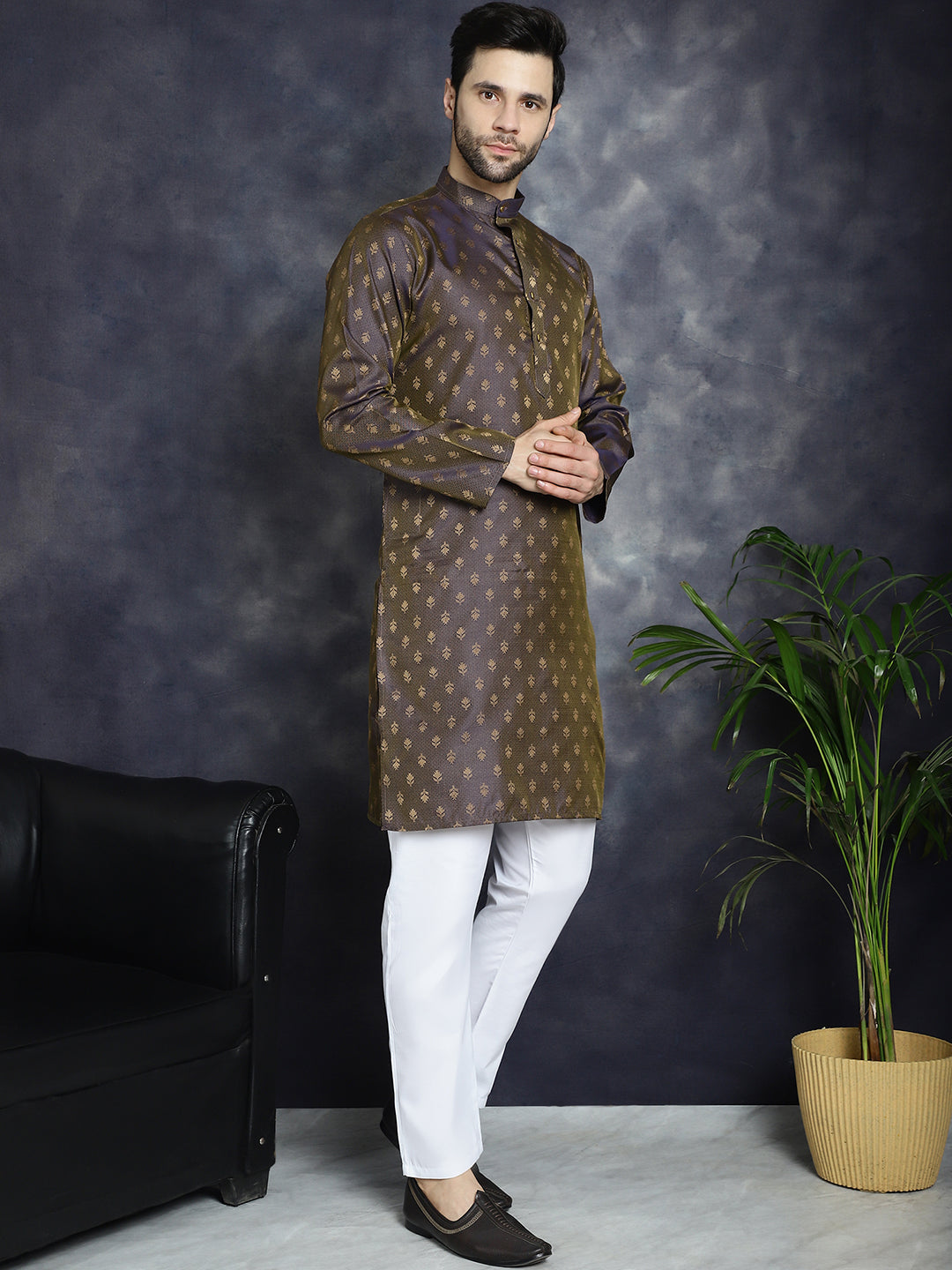 Jompers Men's Woven Design Silk Blend Kurta with Pyjama - Purple