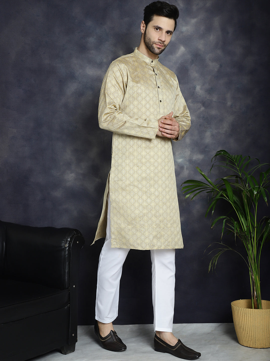 Jompers Men's Beige Woven Design Kurta with Pyjama - Beige