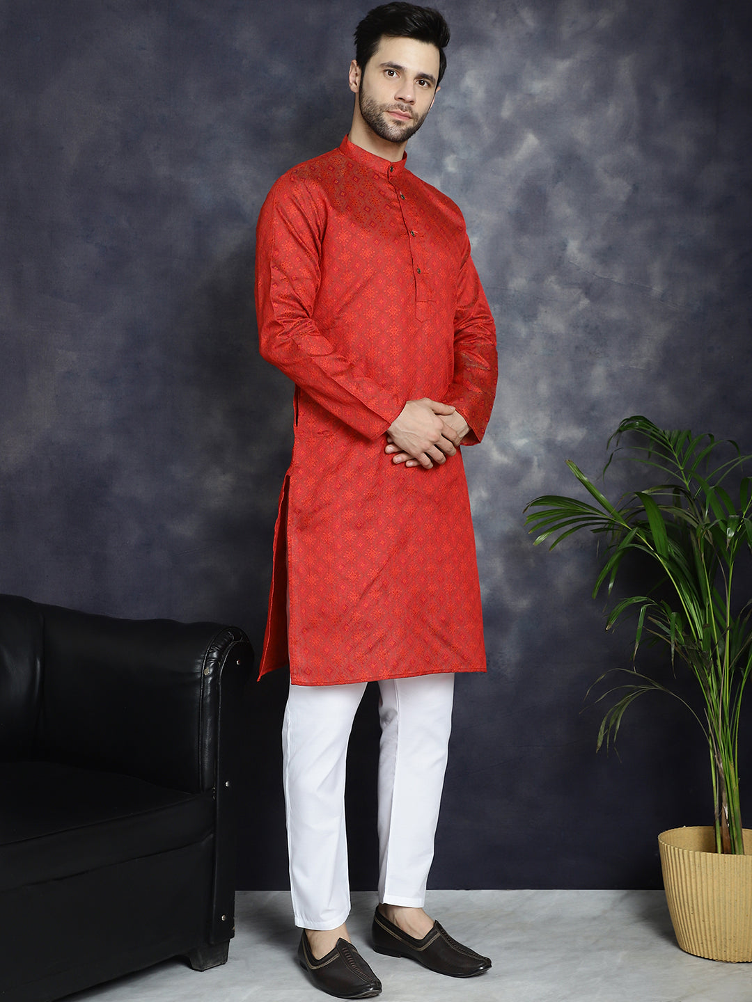 Jompers Men's Red Woven Design Kurta with Pyjama - Red