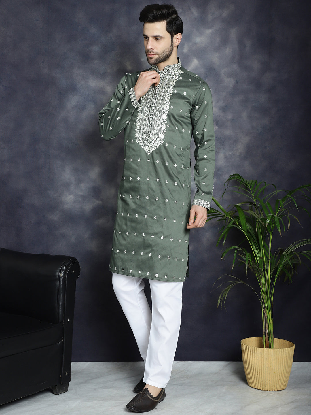 Jompers Men's Chikankari Embroidered Kurta Pyjama Set - Olive