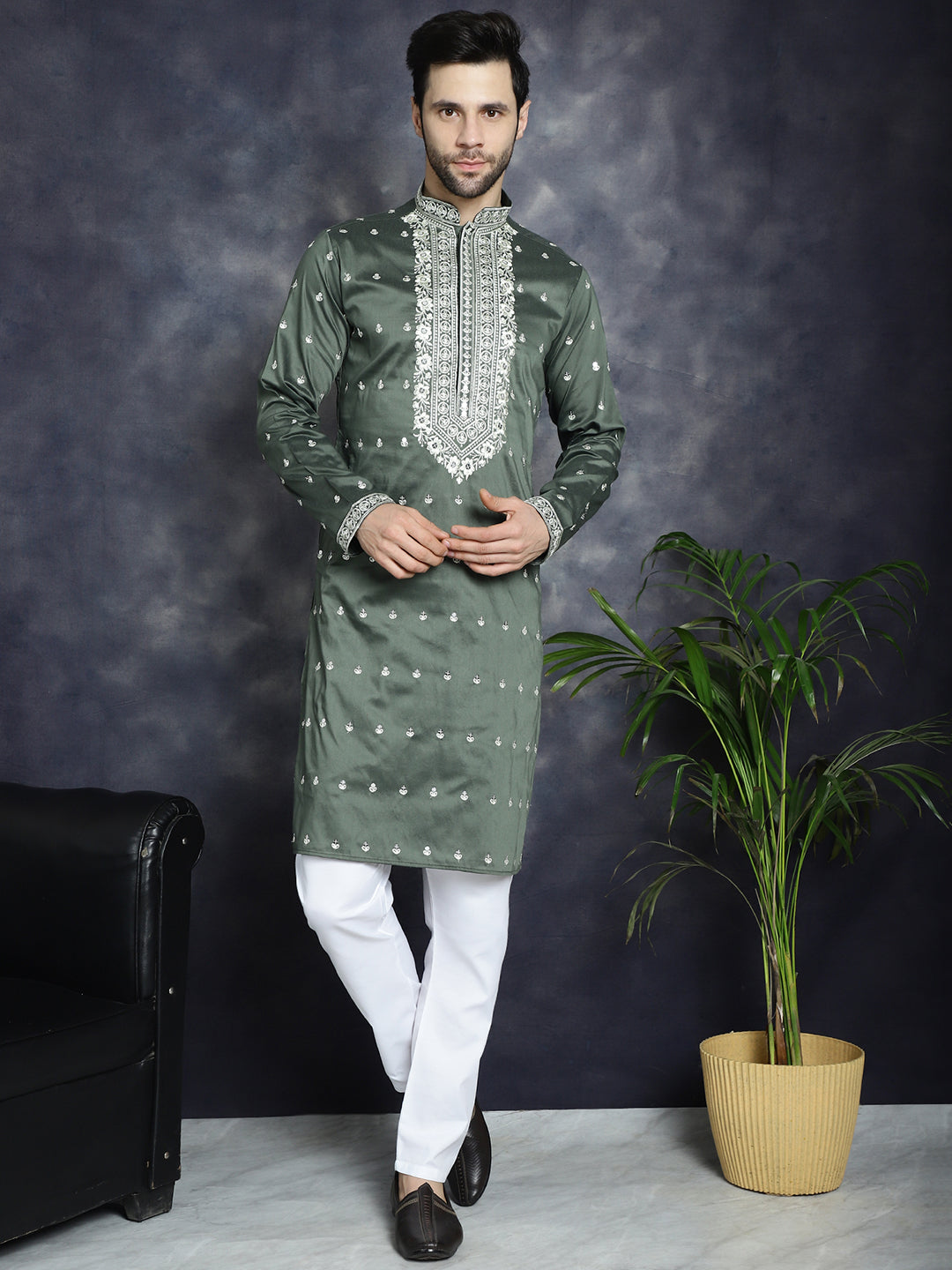 Jompers Men's Chikankari Embroidered Kurta Pyjama Set - Olive