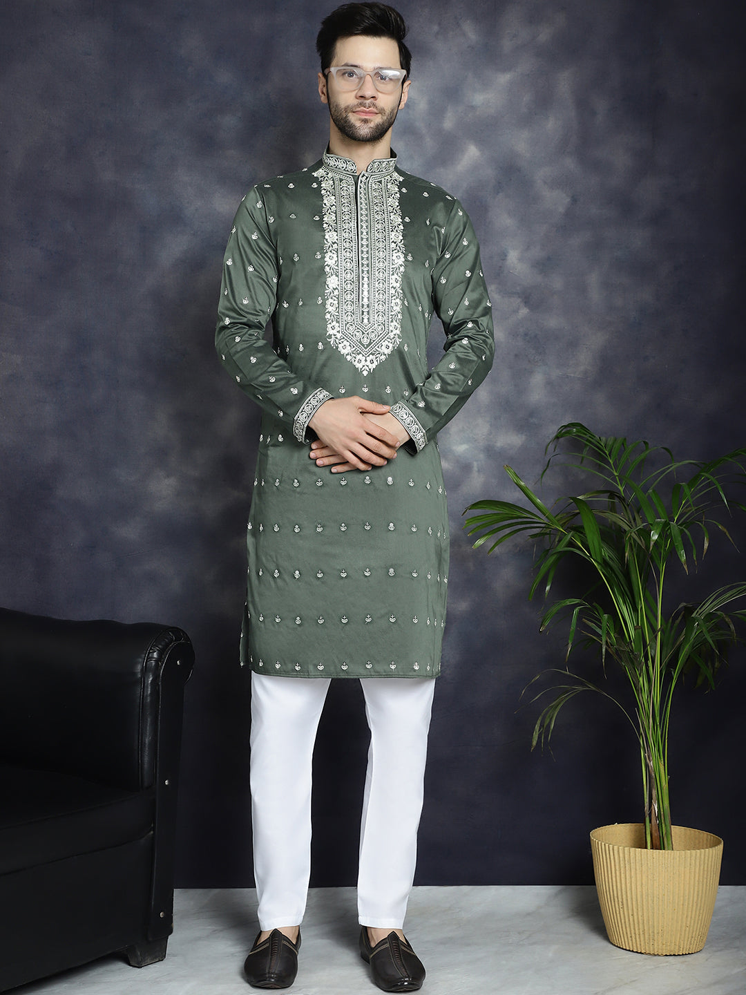 Jompers Men's Chikankari Embroidered Kurta Pyjama Set - Olive