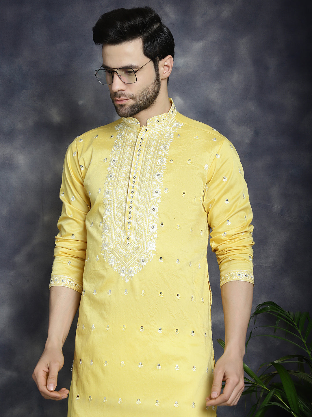 Jompers Men's Chikankari Embroidered Kurta Pyjama Set - Yellow