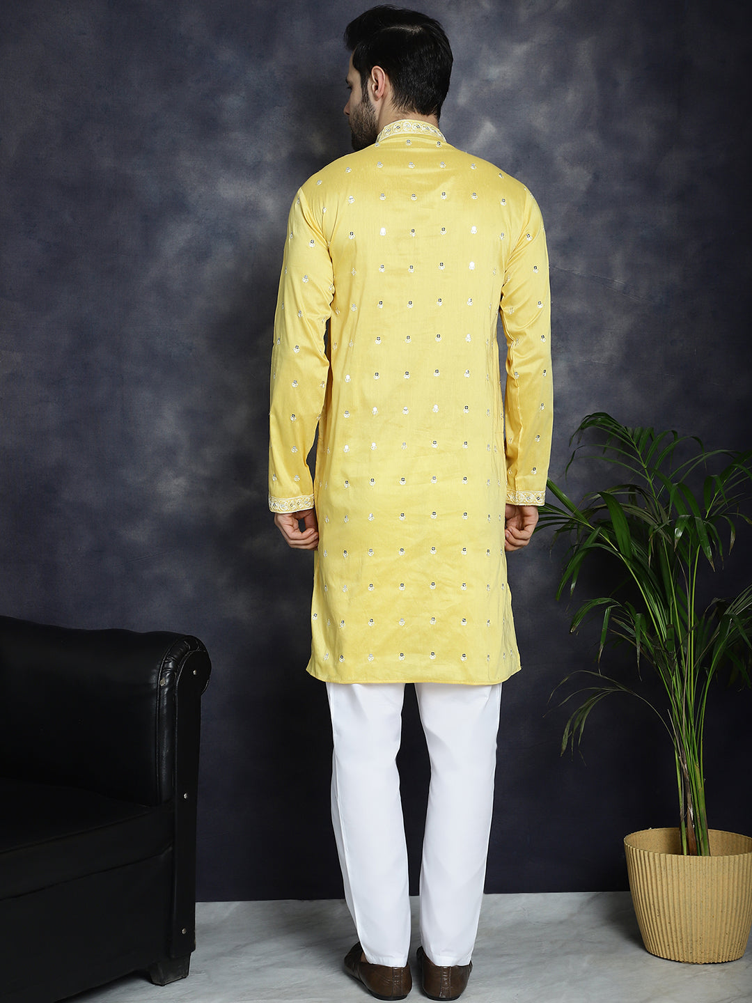 Jompers Men's Chikankari Embroidered Kurta Pyjama Set - Yellow