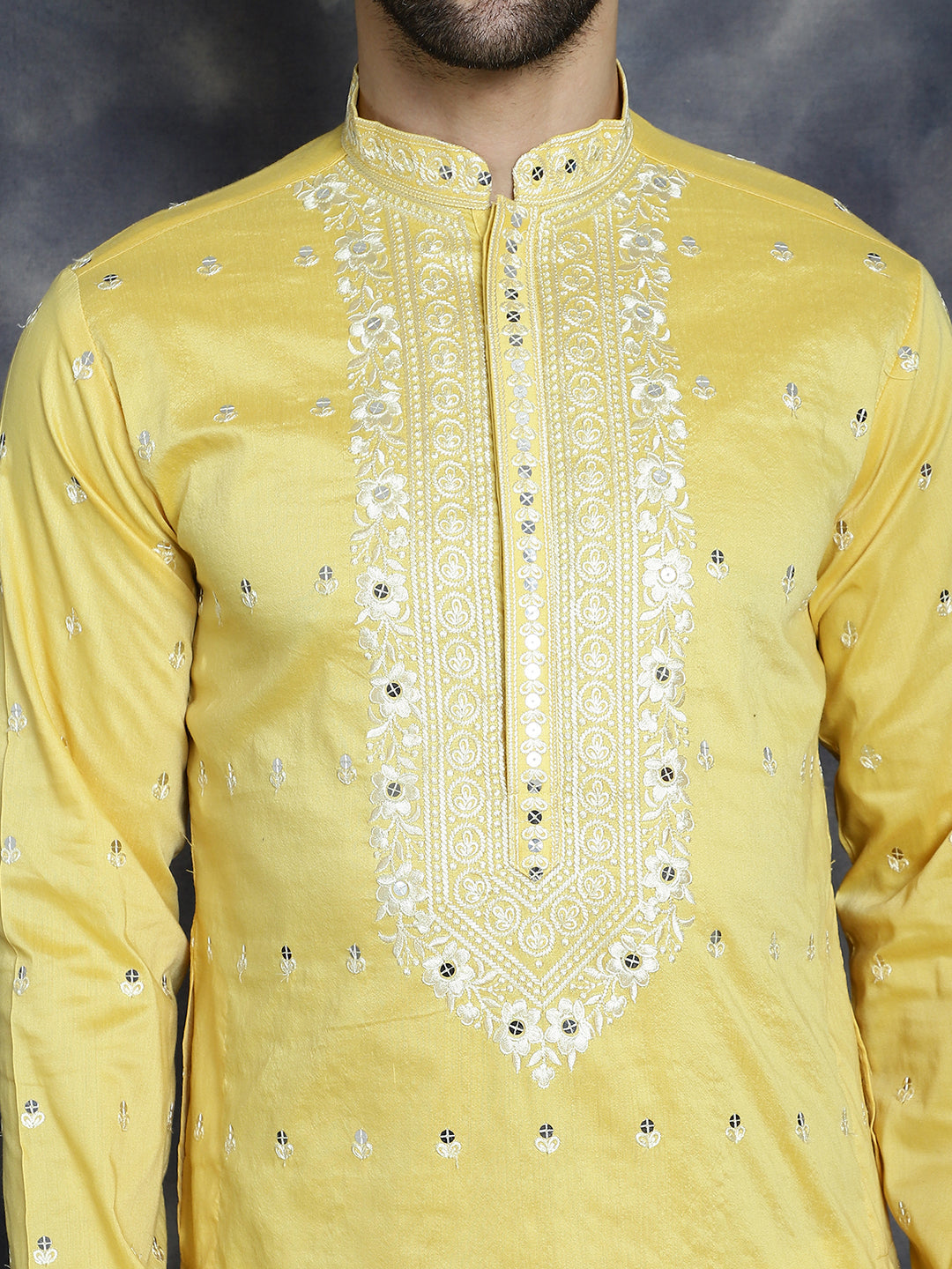 Jompers Men's Chikankari Embroidered Kurta Pyjama Set - Yellow