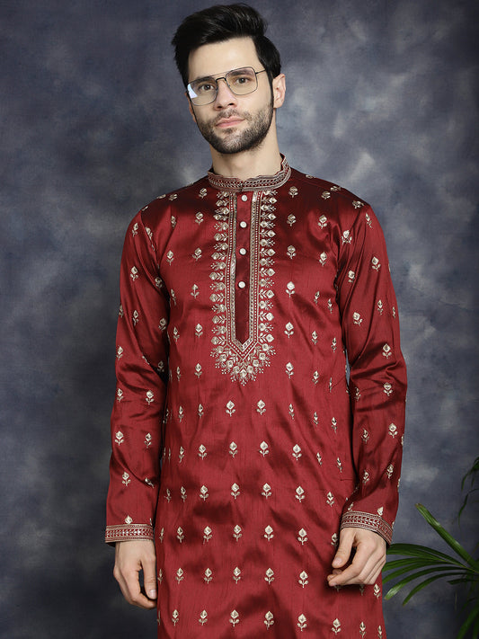 Jompers Men's Maroon Chikankari Embroidered Kurta With Pyjama