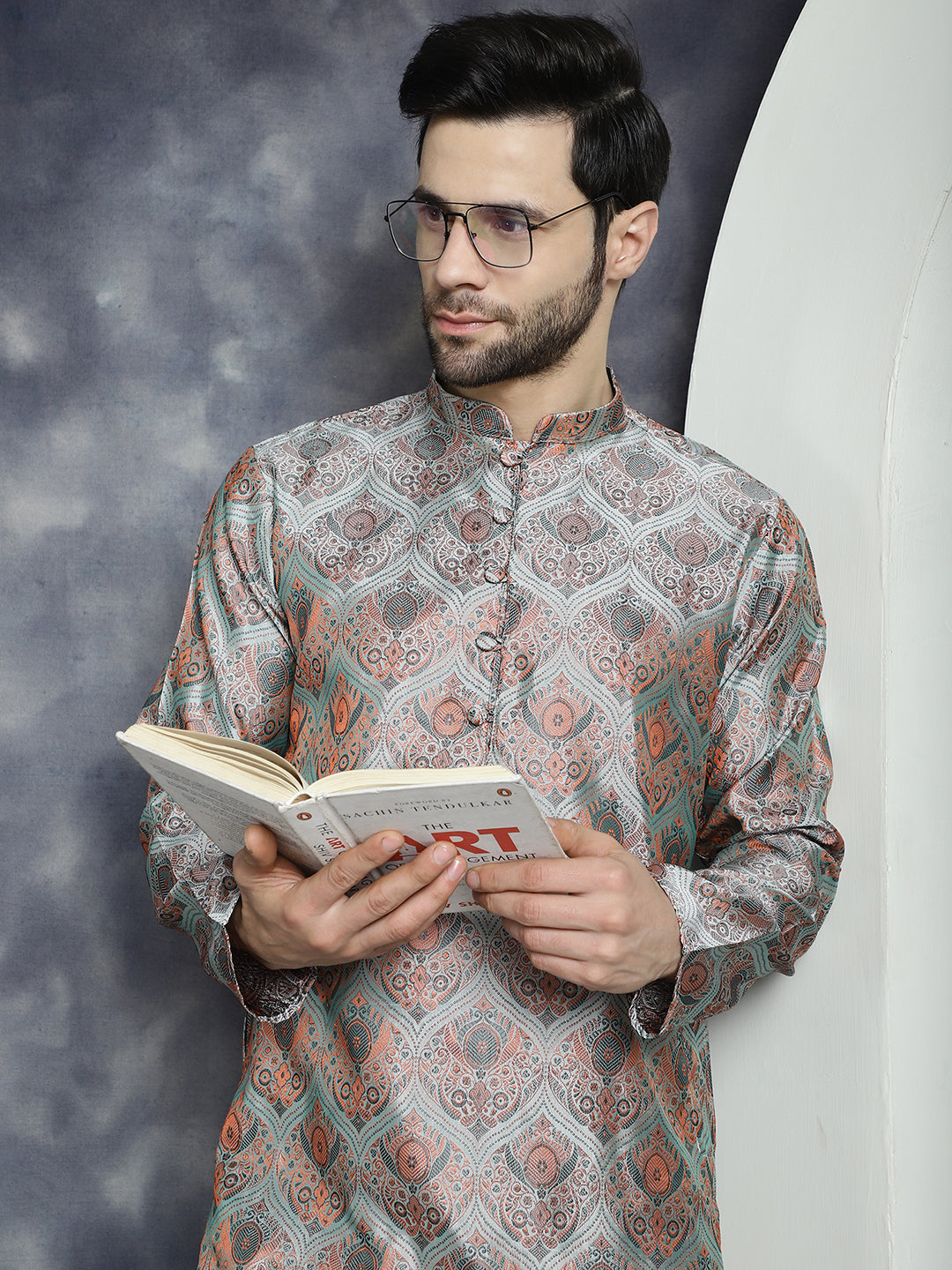 Jompers Men's Silver Silk Blend Straight Kurta Pyjama Set
