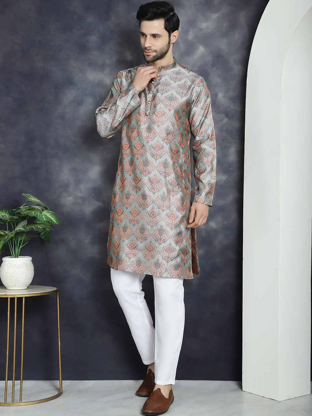 Jompers Men's Silver Silk Blend Straight Kurta Pyjama Set