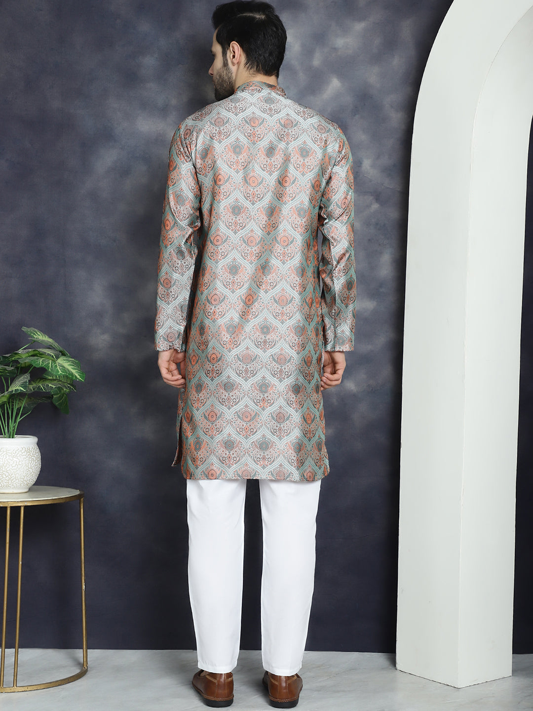 Jompers Men's Silver Silk Blend Straight Kurta Pyjama Set